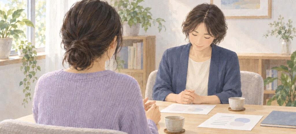 相談室で、相談員に悩みを話す女性