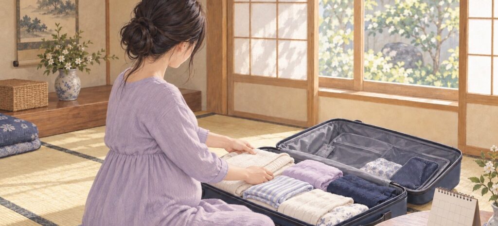 里帰り出産の準備で荷物を整える妊娠中の女性