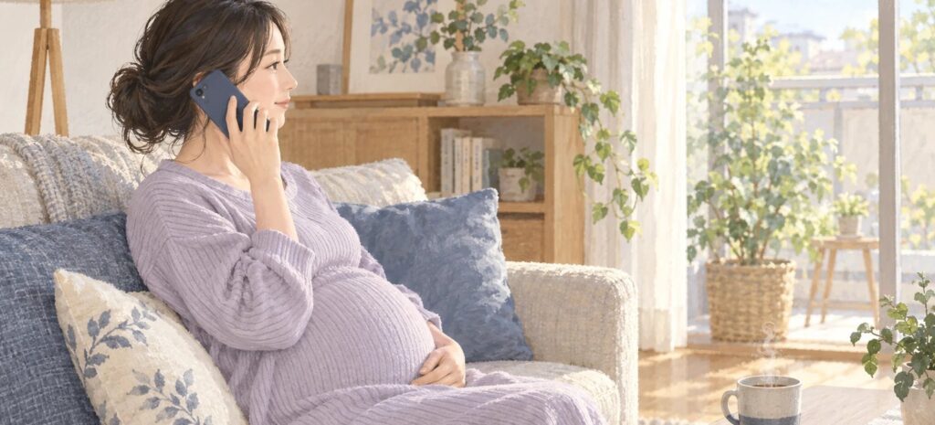 明るいリビングで、落ち着いて電話相談をする妊娠中の女性