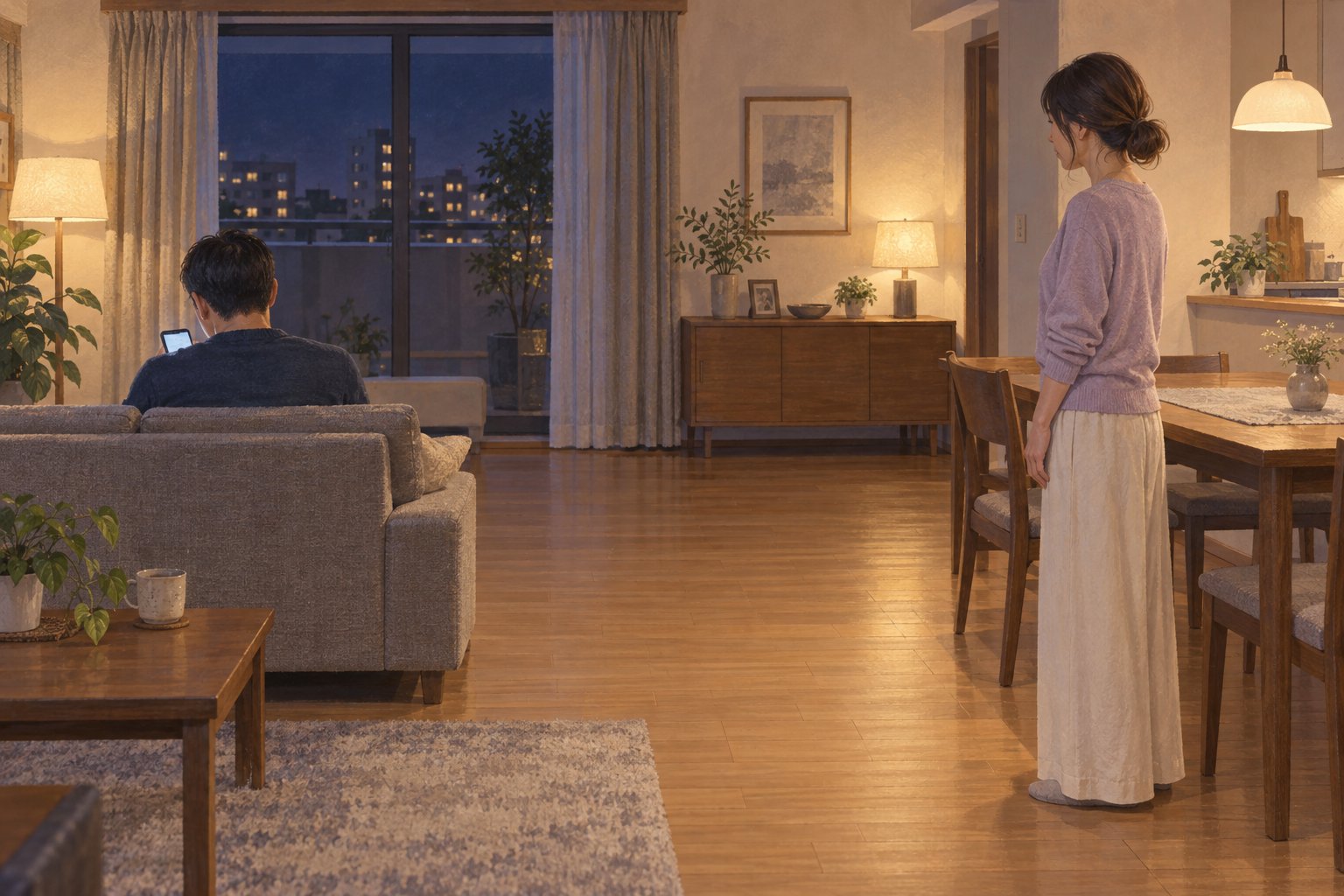 夜のリビングで、スマホを見る夫の背中を見つめる妻