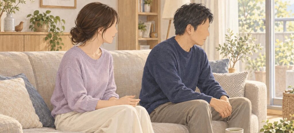 休日の昼間、ソファで夫に穏やかに話しかける妻