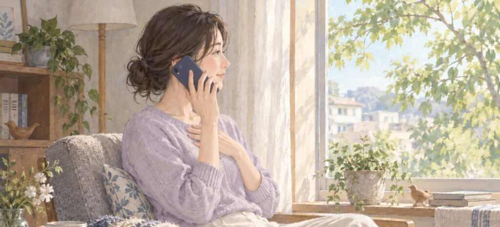 窓辺で、電話で相談している女性