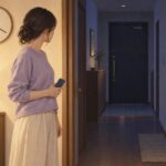 夜、夫の帰りを待ちながら玄関のほうを見つめる妻