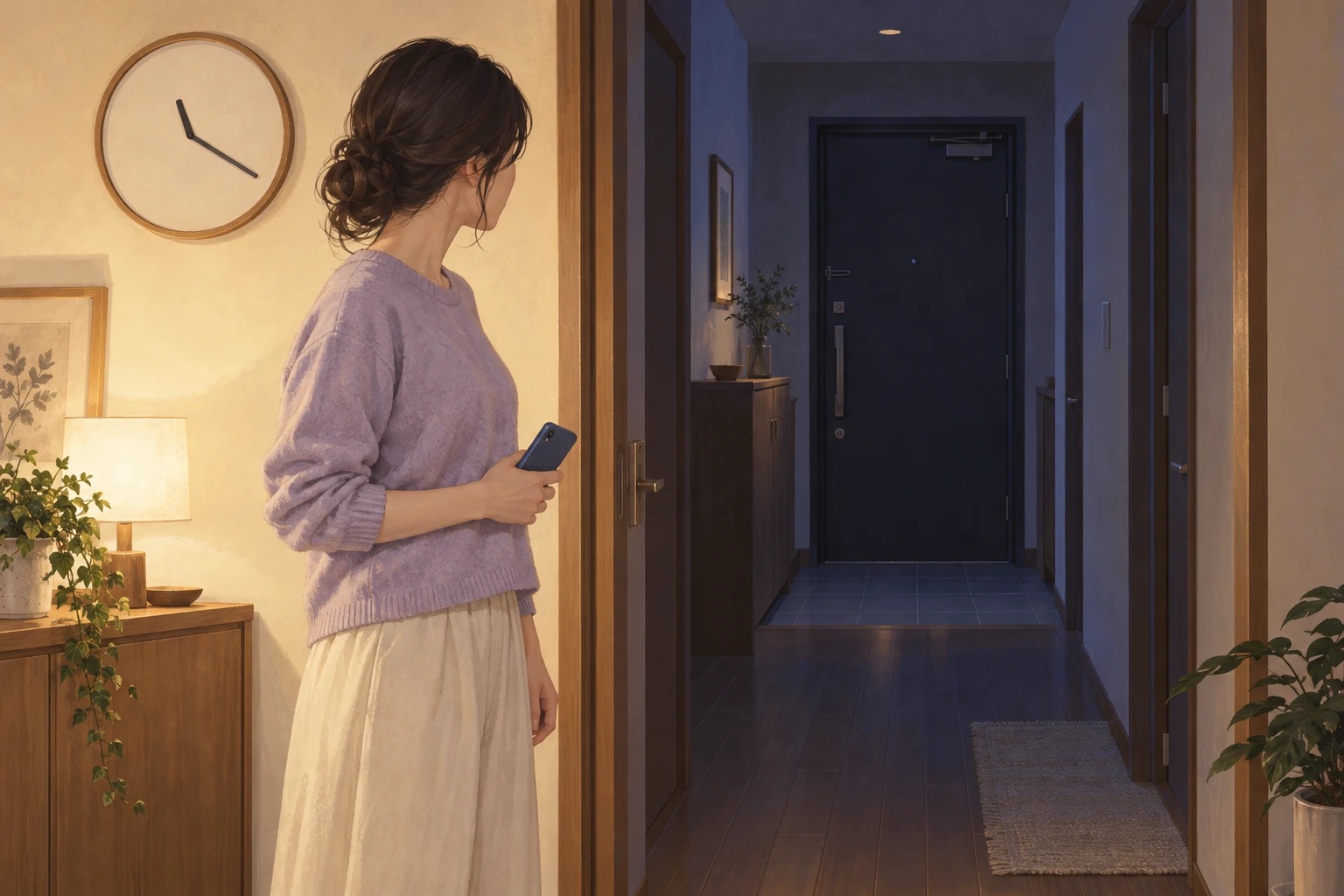 夜、夫の帰りを待ちながら玄関のほうを見つめる妻