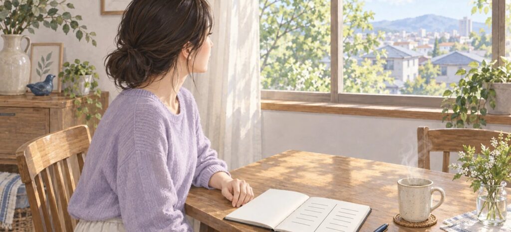 ノートを前に、これからどうするかを考える女性