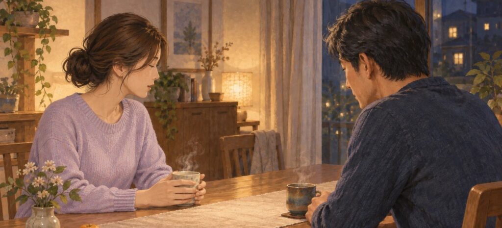 夜のダイニングで、夫と向き合って静かに話す妻