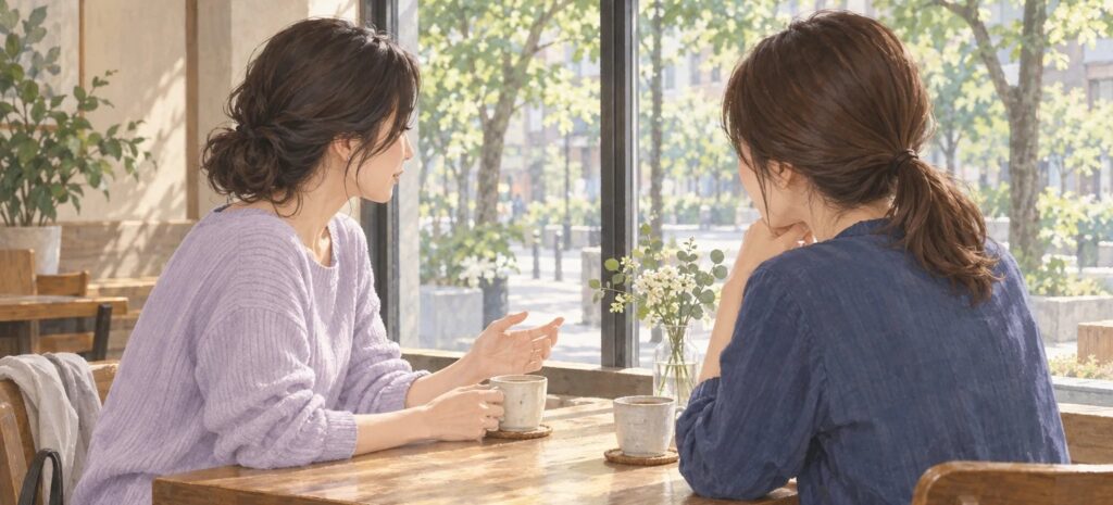 カフェで、友人に話を聞いてもらう女性