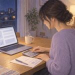 夜、ノートパソコンを見ながら費用を計算する女性