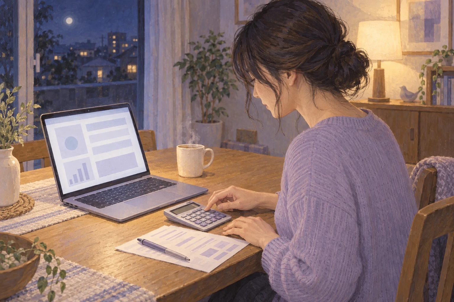 夜、ノートパソコンを見ながら費用を計算する女性