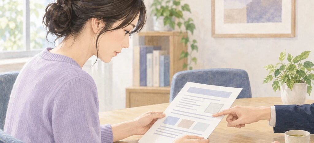 相談室で、契約前の書面をよく読む女性