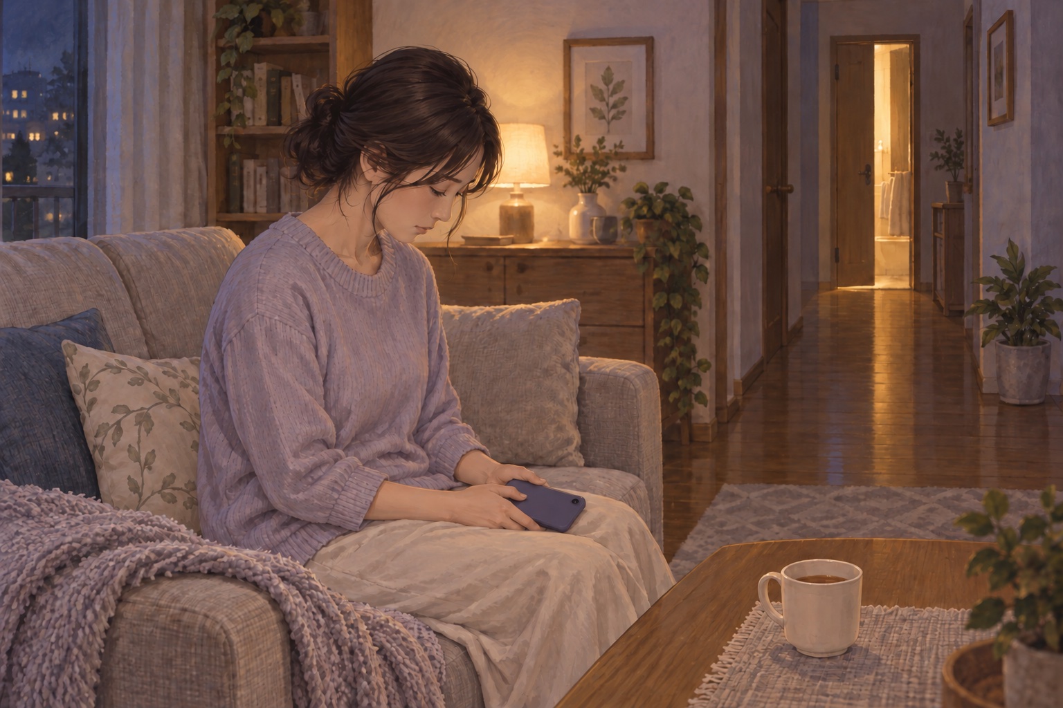 夜のリビングで、スマホを手に考え込む女性