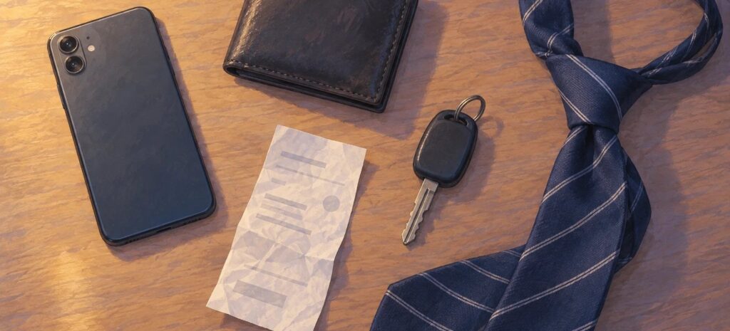 伏せて置かれたスマホや財布など、帰宅した夫の持ち物