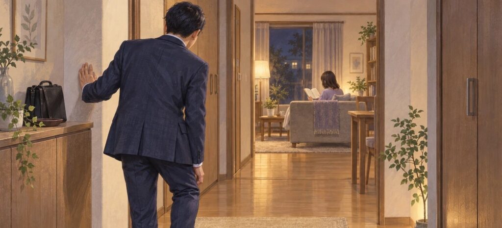 帰宅した夫が、落ち着いた様子の妻をうかがう場面