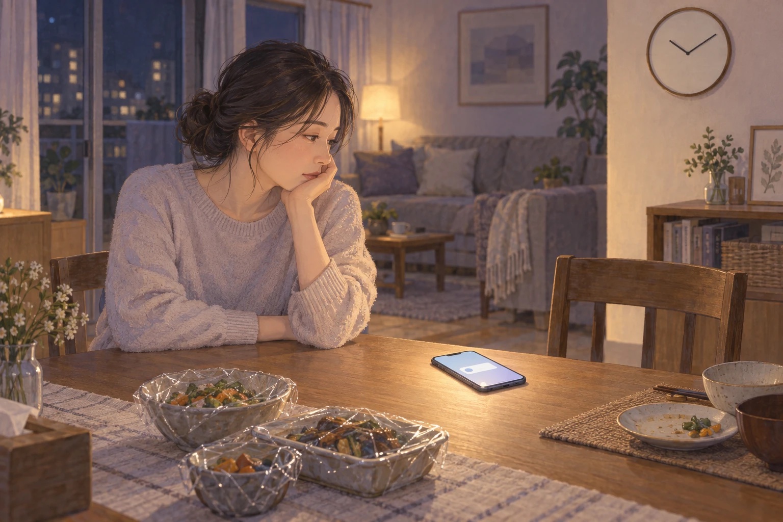 夜10時過ぎ、テーブルのスマホを見ながら夫の帰りを待つ女性