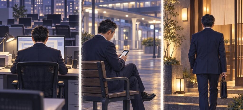残業・一人で時間をつぶす・誰かと会う、帰りが遅くなる3つの場面
