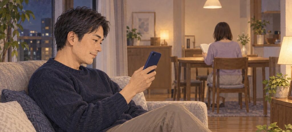 自宅のソファでスマホを見て口元をゆるめる夫と、離れた場所にいる妻