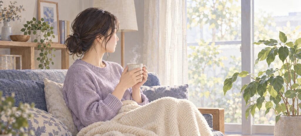 窓辺で温かい飲み物を手に、ひと息つく女性