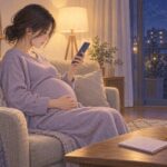 夜のリビングで、お腹に手を当ててスマホを見つめる妊娠中の女性
