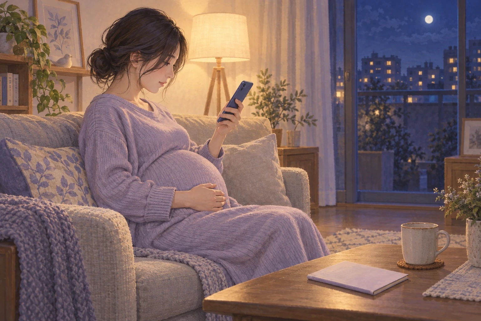 夜のリビングで、お腹に手を当ててスマホを見つめる妊娠中の女性