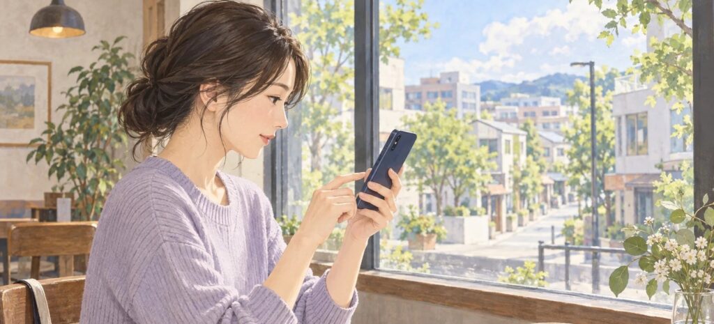 カフェで相談先を調べる女性