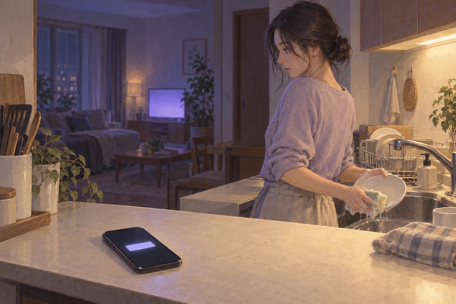 夜のキッチンで、夫のスマホに届いた通知を見つめる女性